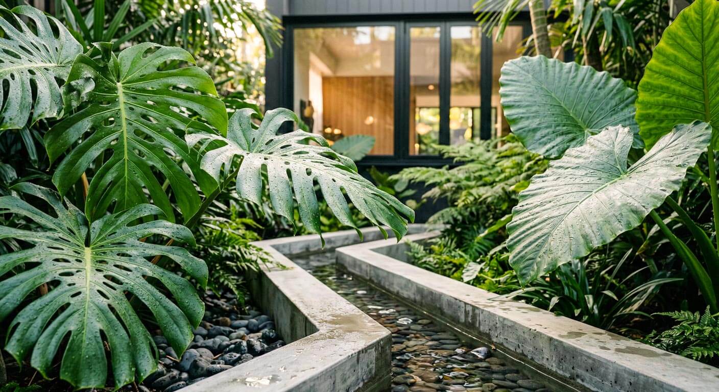 A detailed close-up photograph of water droplets resting on a broad, perforated Monstera leaf, showing a concrete water rill and gravel with dense tropical undergrowth and a view through a window to an indoor room in the background.