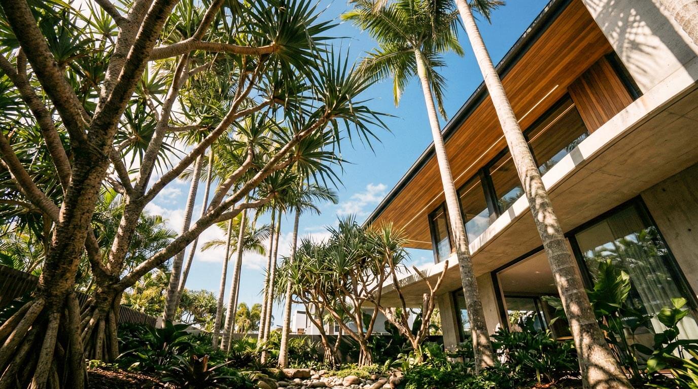 A lower-angle perspective of pandanus trees and very tall slender palms meeting the structured upper floor of a modern concrete and timber-clad house with a glass balustrade balcony, set against a bright blue sky with light clouds.