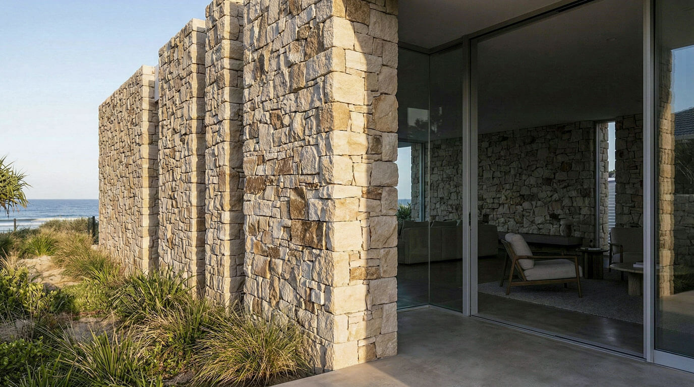 A wide-angle, cinematic architectural photograph of the entrance to a luxury coastal home in Burleigh Heads. A monolithic feature wall made of rugged, earthy-toned, dry-stacked natural sandstone serves as the central anchor. The rising sun grazes the rough, varied texture of the stone, casting deep, rhythmic shadows that emphasize its mass. The wall continues seamlessly through minimalist floor-to-ceiling glass into a serene, dim interior lounge. Native coastal grasses frame the base of the stone outside