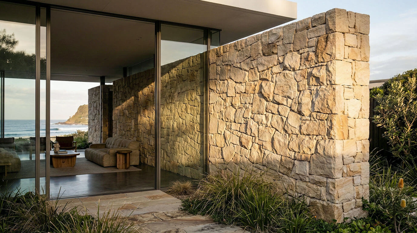An architectural photograph capturing the entrance of a luxury coastal home at golden hour. A massive feature wall composed of rugged, dry-stacked natural sandstone begins on the exterior, seamlessly continuing through a minimal floor-to-ceiling glass entry into the main living volume, anchoring the home to the landscape.