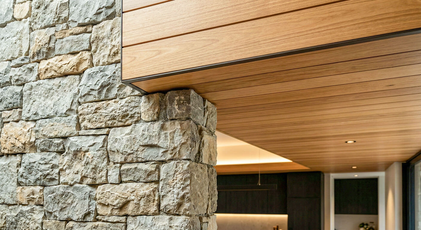 An architectural detail photograph capturing the precise junction where a rugged, vertical natural sandstone wall meets a smooth, horizontal, finely crafted smooth Blackbutt timber ceiling. The contrast between the raw, irregular masonry texture and the warm, refined wood grain is highlighted by soft, integrated lighting.