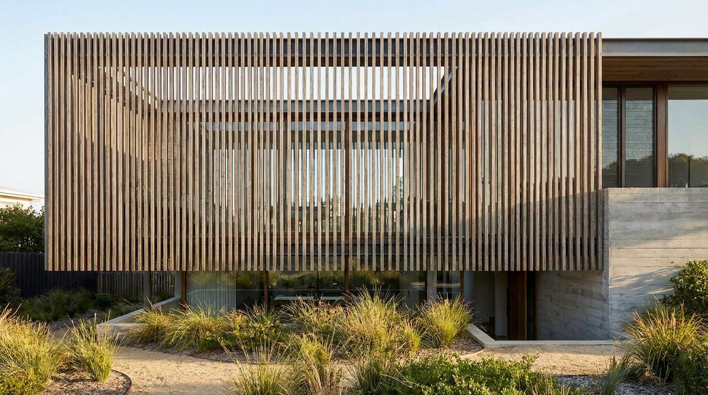 Modern coastal home facade featuring an architectural veil of vertical timber battens providing privacy over a concrete base, surrounded by native landscaping.
