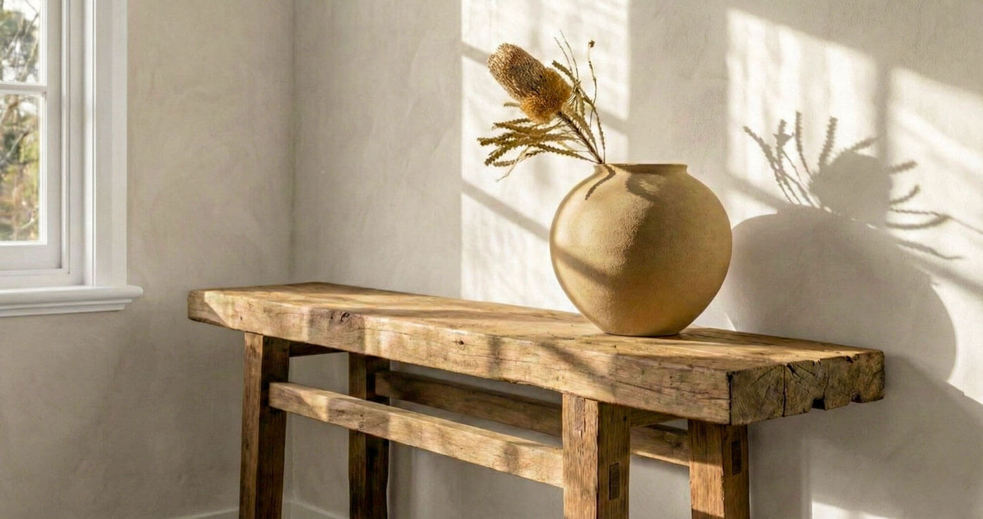 A single artisan ceramic vessel sitting on a rustic timber console table, with distinct shadows cast across a minimalist, textured wall.