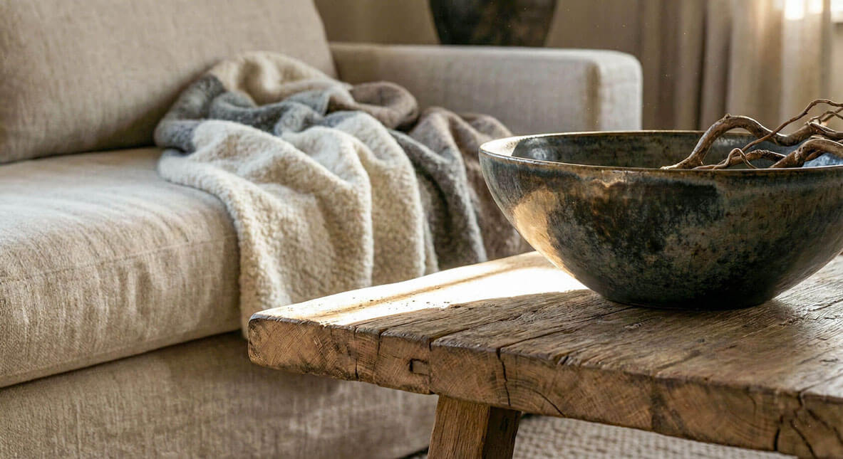 A wide-angle view of a curated coastal living space featuring a textured sofa, artisan ceramic bowl, and a weathered timber coffee table.