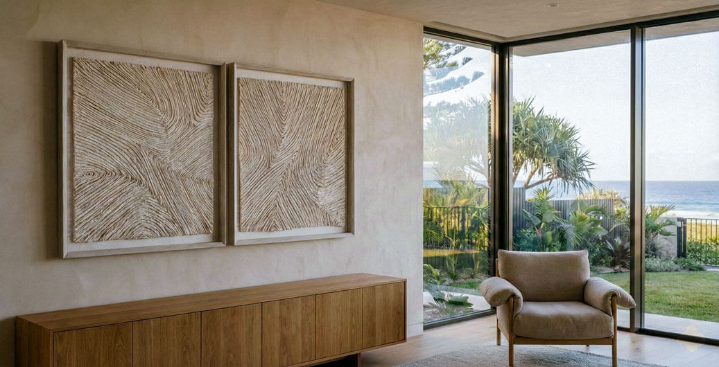 Large-scale textured fiber art panels mounted on a neutral, rendered wall beside a floor-to-ceiling architectural window overlooking a coastal environment.
