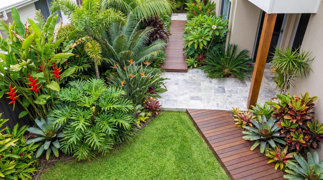 An overhead view of a curated subtropical garden showcasing the transition from light travertine paving to a floating timber boardwalk, bordered by dense tropical foliage, bromeliads, and a small lawn.