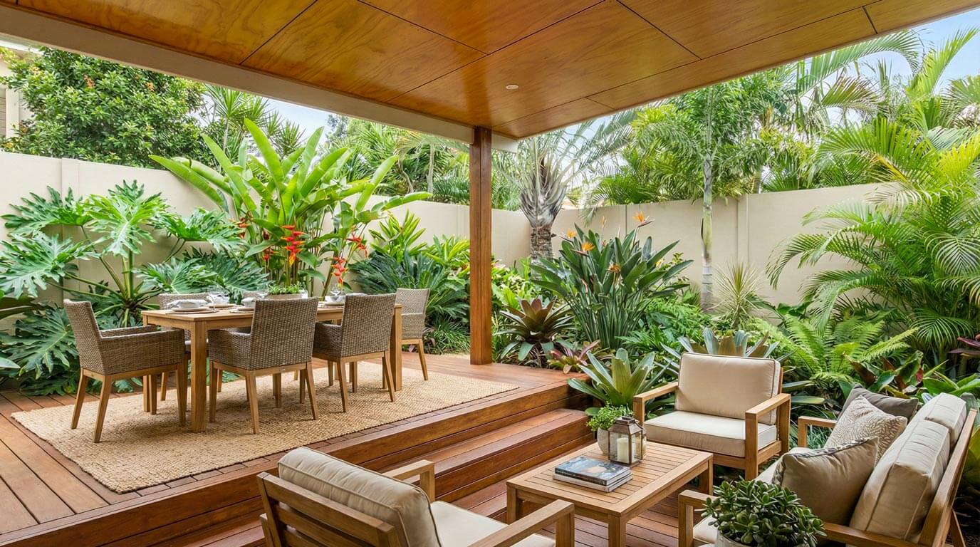 A covered outdoor deck area designed as a functional living space, featuring a timber-lined ceiling, a dining setting, and lounge chairs, enclosed by a dense living wall of palms and tropical plants for privacy.