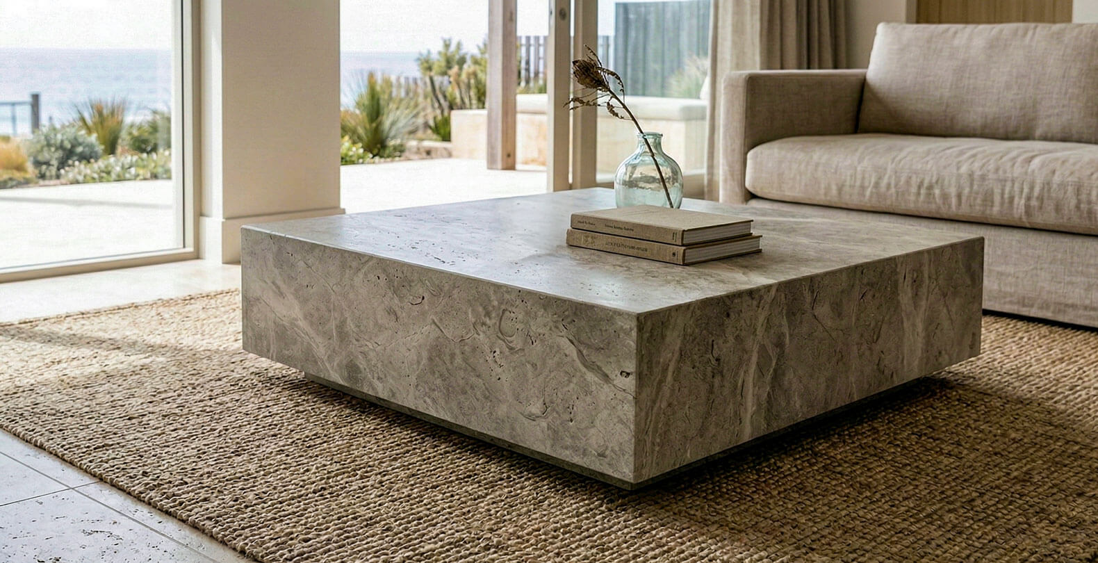 A low-profile, monolithic stone coffee table with a honed finish sitting on a chunky wool weave rug in a coastal living room.