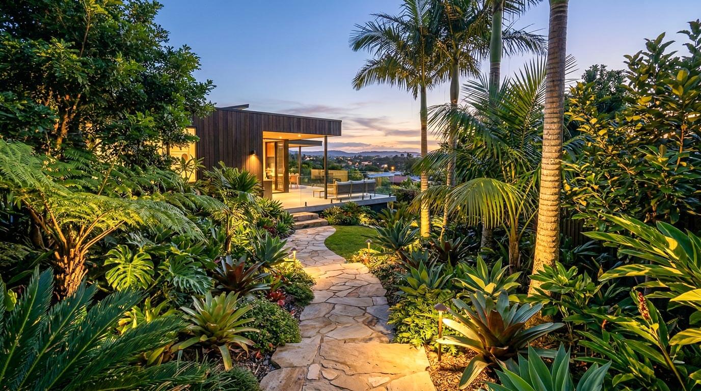 A wide-angle architectural photograph of a luxury multi-level home featuring a complex facade of vertical timber cladding and operable timber screens in a warm, honey-toned Australian hardwood. The building utilizes raw concrete lower levels and expansive glass, set against a backdrop of mature coastal trees and a clear sky.