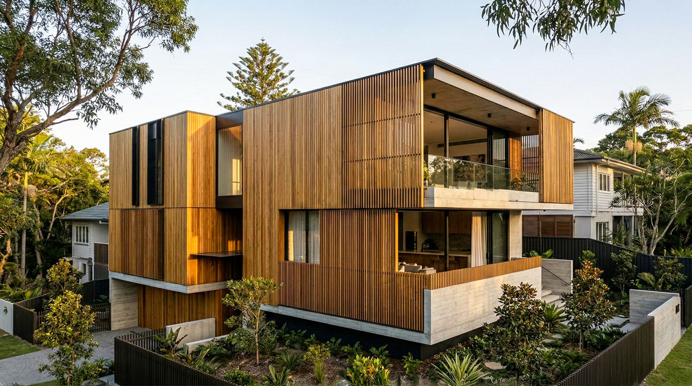 A wide-angle architectural photograph of a luxury multi-level home featuring a complex facade of vertical timber cladding and operable timber screens in a warm, honey-toned Australian hardwood. The building utilizes raw concrete lower levels and expansive glass, set against a backdrop of mature coastal trees and a clear sky.