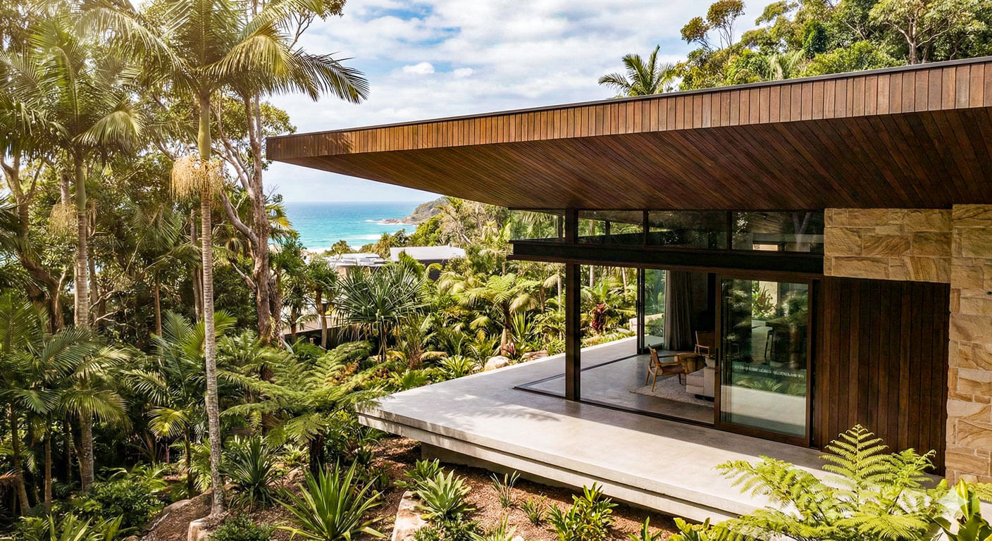 Architectural exterior detail showing a deep cantilevered timber roof eave over a concrete terrace, creating a sharp contrast against a wild tropical jungle background.