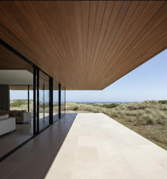 A deep timber soffit extends over a stone terrace, framing a view of coastal dunes and the ocean through large glass sliding doors.