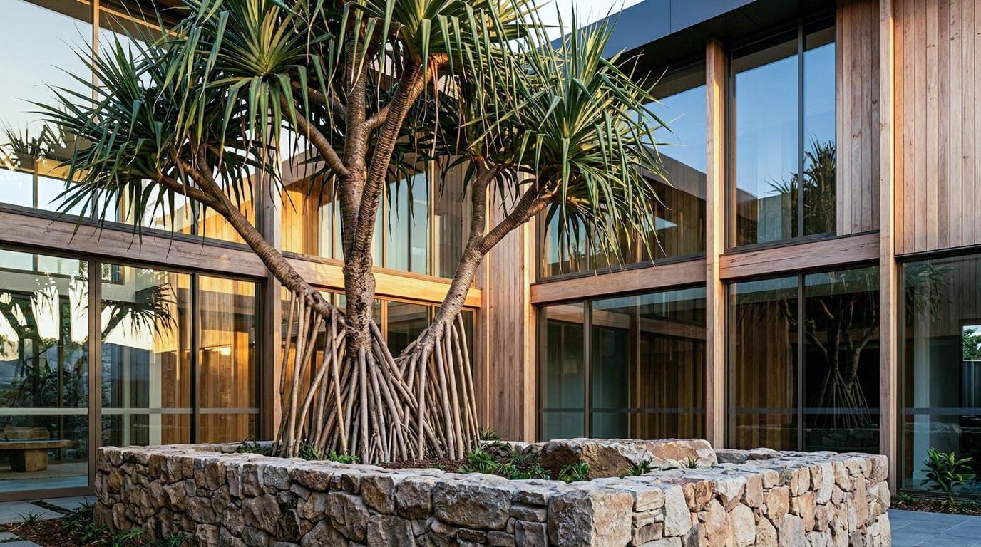 A mature, gnarly Pandanus tree with an intricate prop-root structure integrated into a natural stone planter wall. The tree stands as a structural anchor against a backdrop of glass and timber architectural volumes, catching the warm glow of the setting sun.