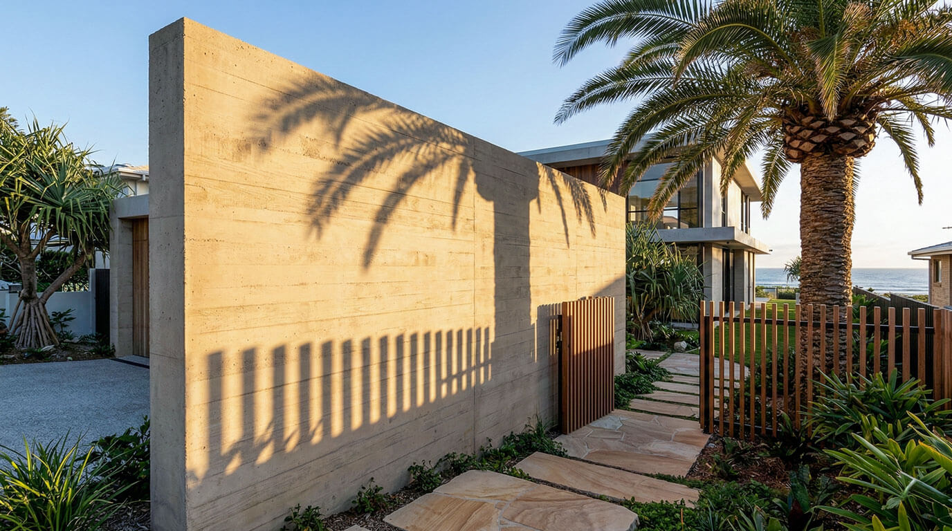 TA textured, sand-toned concrete wall with a palm tree shadow, overlooking a stone path and the ocean horizon.