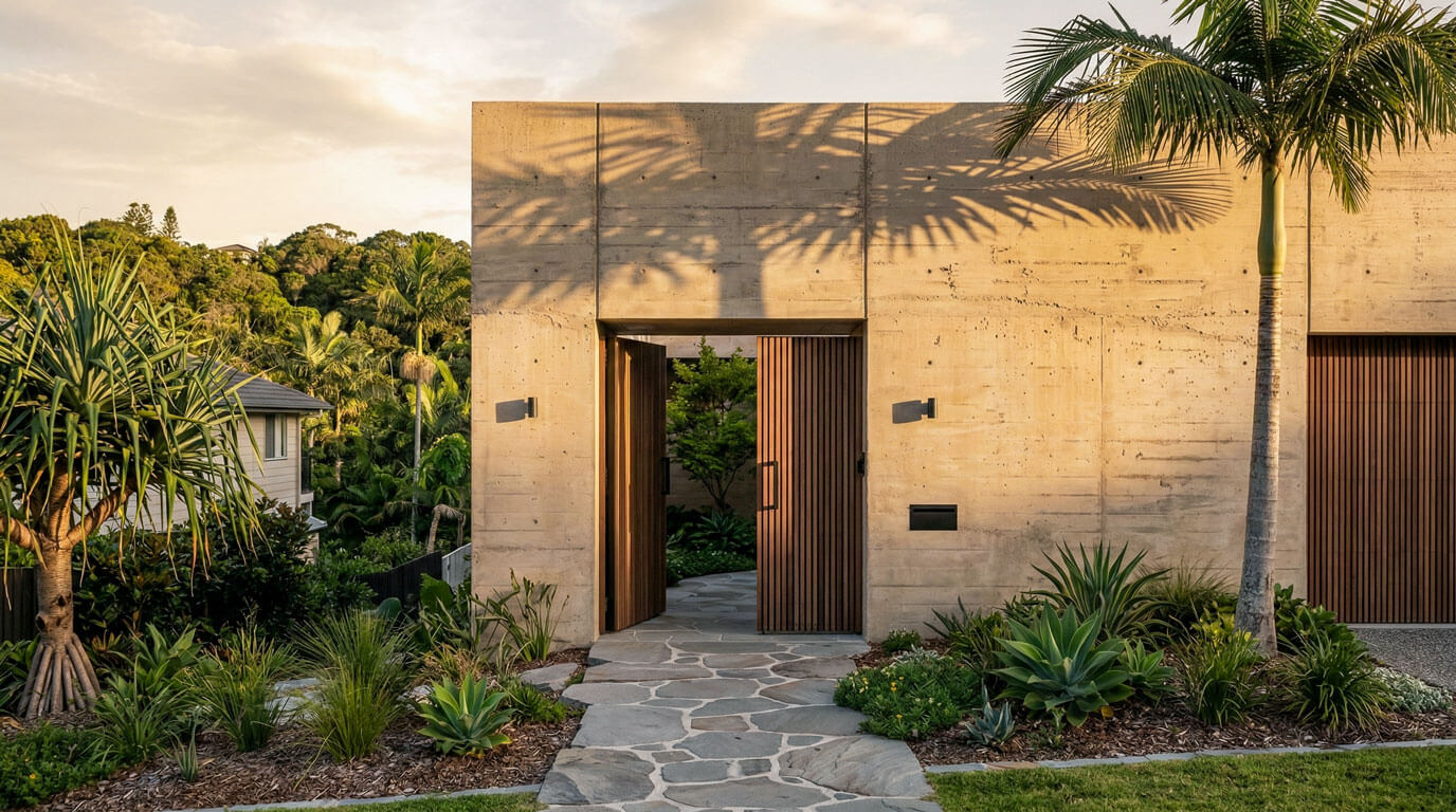 An architectural photograph capturing the grand entrance of a multi-level luxury coastal home. A massive, warm-toned, sand-pigmented off-form concrete wall with visible timber formwork texture dominates the facade. Rhythmic palm shadows are cast across the visceral surface. A minimalist timber-slat gate and natural concrete pavers lead to the entry threshold.