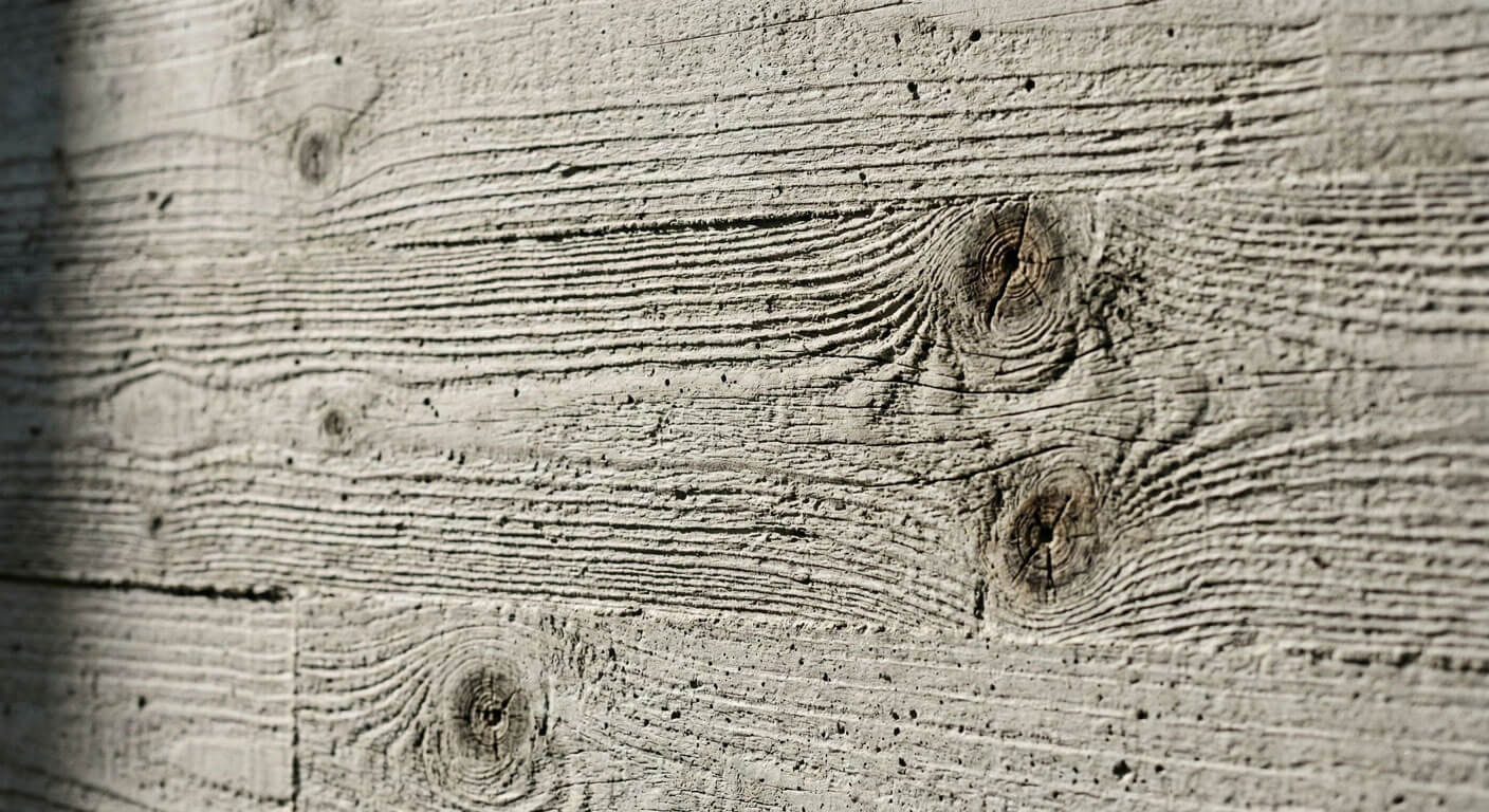 A macro architectural detail photograph focusing on the visceral surface of off-form concrete. The light grey, stony surface holds a high-fidelity imprint of the timber board grain and knots used in the original formwork. Raking side-lighting emphasizes the depth and texture of the material's "memory".