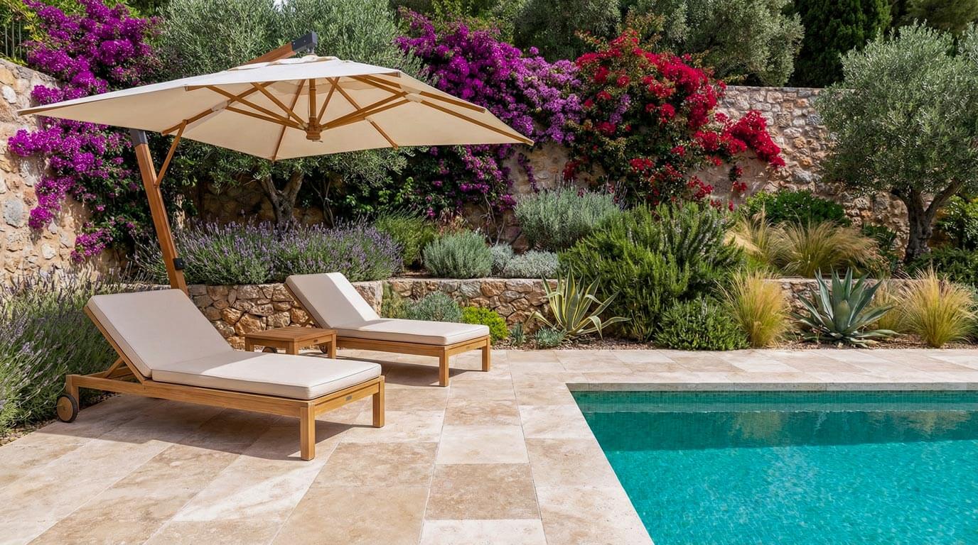 A poolside terrace finished in light stone paving, featuring timber sun loungers shaded by an umbrella, set against a natural stone retaining wall bordered by vibrant bougainvillea and water-wise landscapin