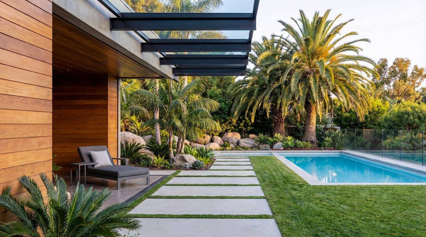 A modernist architectural canopy overlooking a manicured lawn, where large geometric concrete pavers create a definitive circulation path leading toward a swimming pool and mature palm trees.