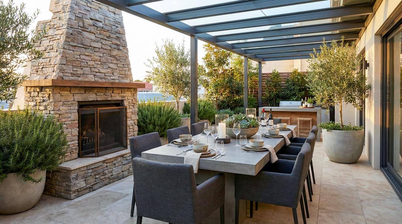 A structured alfresco dining area featuring a prominent stacked-stone fireplace, a concrete dining table, and an outdoor kitchen, all sheltered beneath a steel-framed glass pergola over light stone pavers.