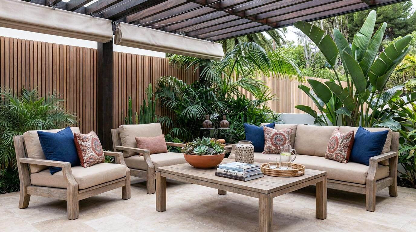 An intimate outdoor lounge area under a timber pergola with retractable canvas canopy shades, set against a vertical timber batten privacy screen and layered, broad-leaf tropical foliage.
