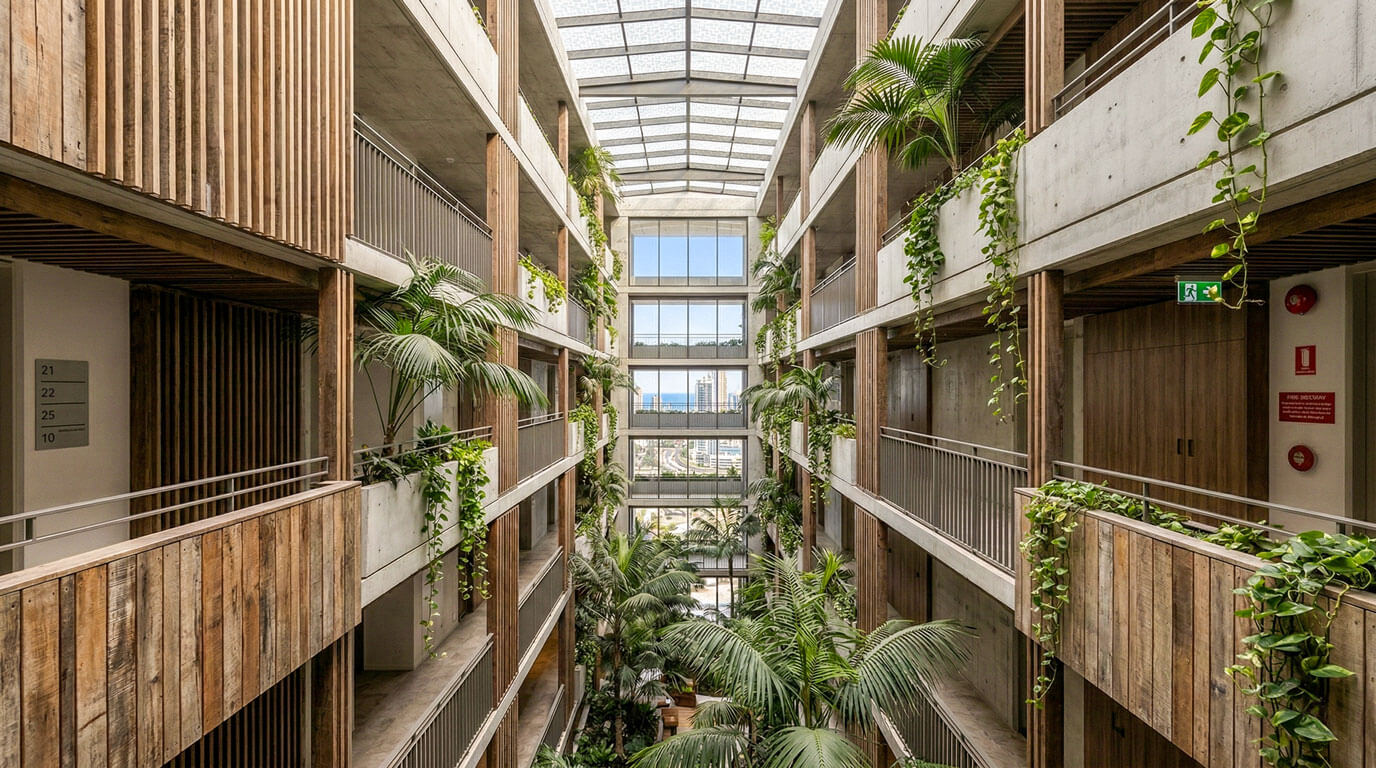 A multi-story open-air atrium featuring weathered timber battens, raw concrete corridors, and lush cascading tropical greenery beneath a filtered glass roof