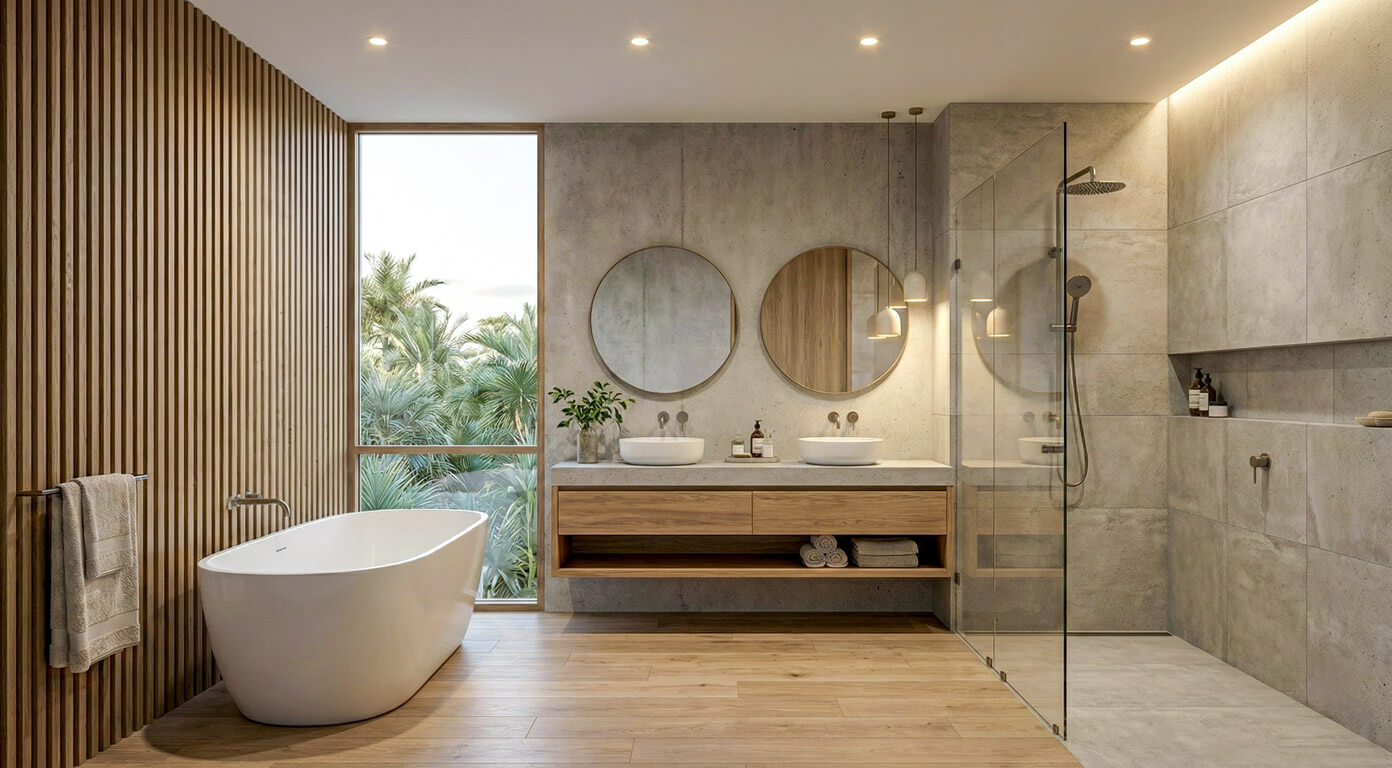 Modern bathroom featuring a white freestanding bathtub next to a large window overlooking tropical plants. A floating timber vanity with two white basins and round mirrors sits against a grey concrete-look wall. A glass shower screen is visible on the right.