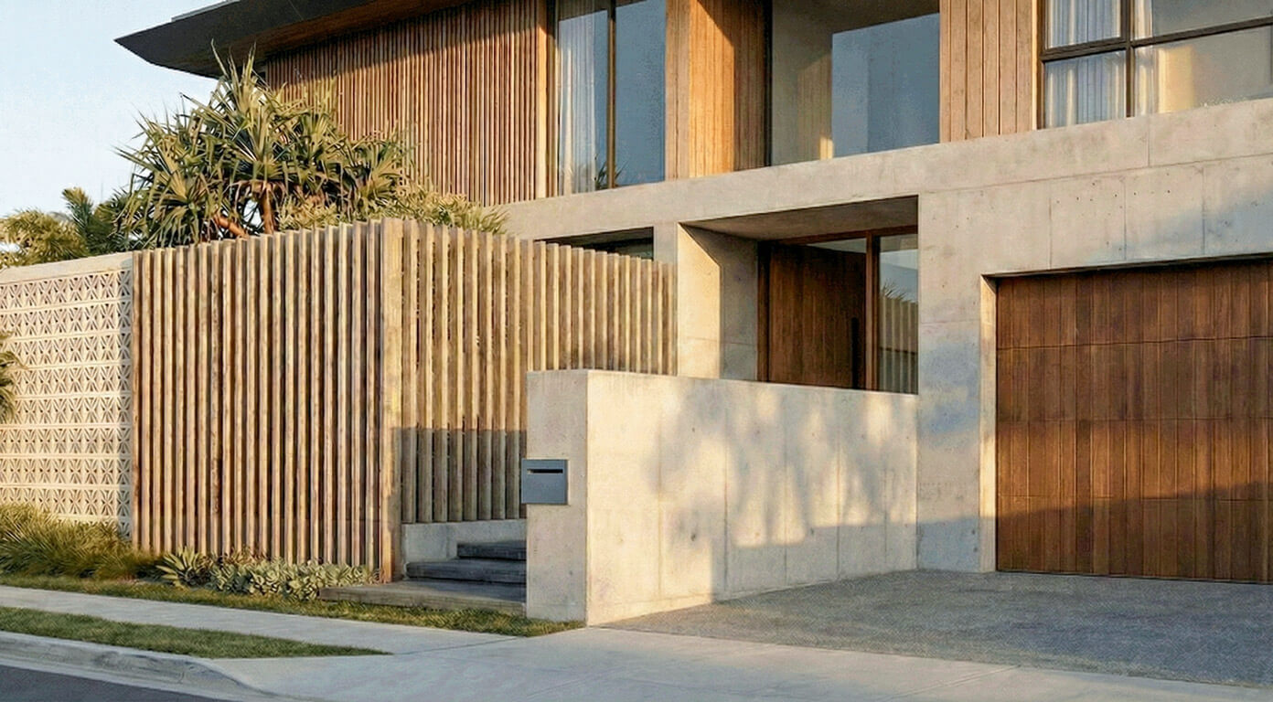 Close-up of a street-facing exterior wall. A raw concrete wall stands next to a white decorative breeze block fence. A low concrete planter box and timber vertical slats add texture to the entry area.