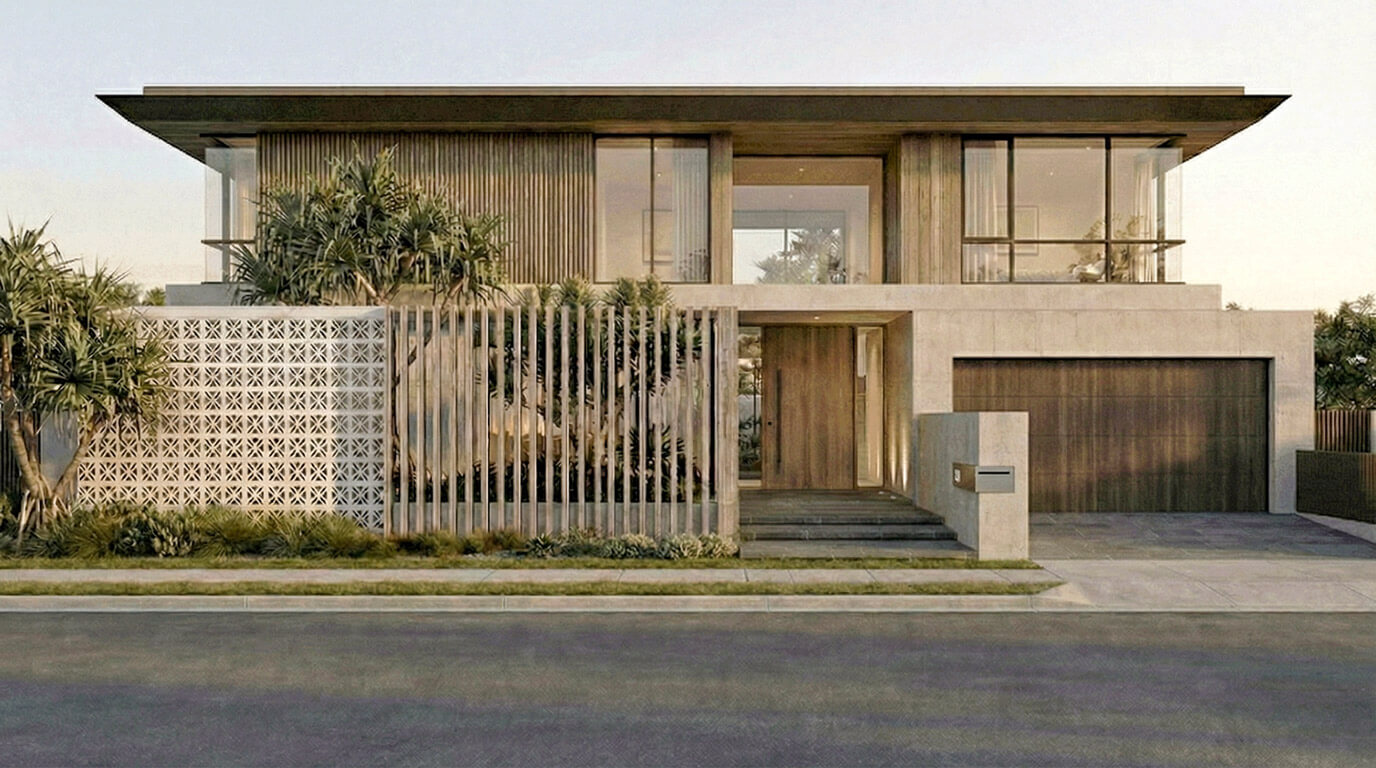 Burleigh Heads Sanctuary concept — off-form concrete and breeze block facade in the heart of Burleigh.