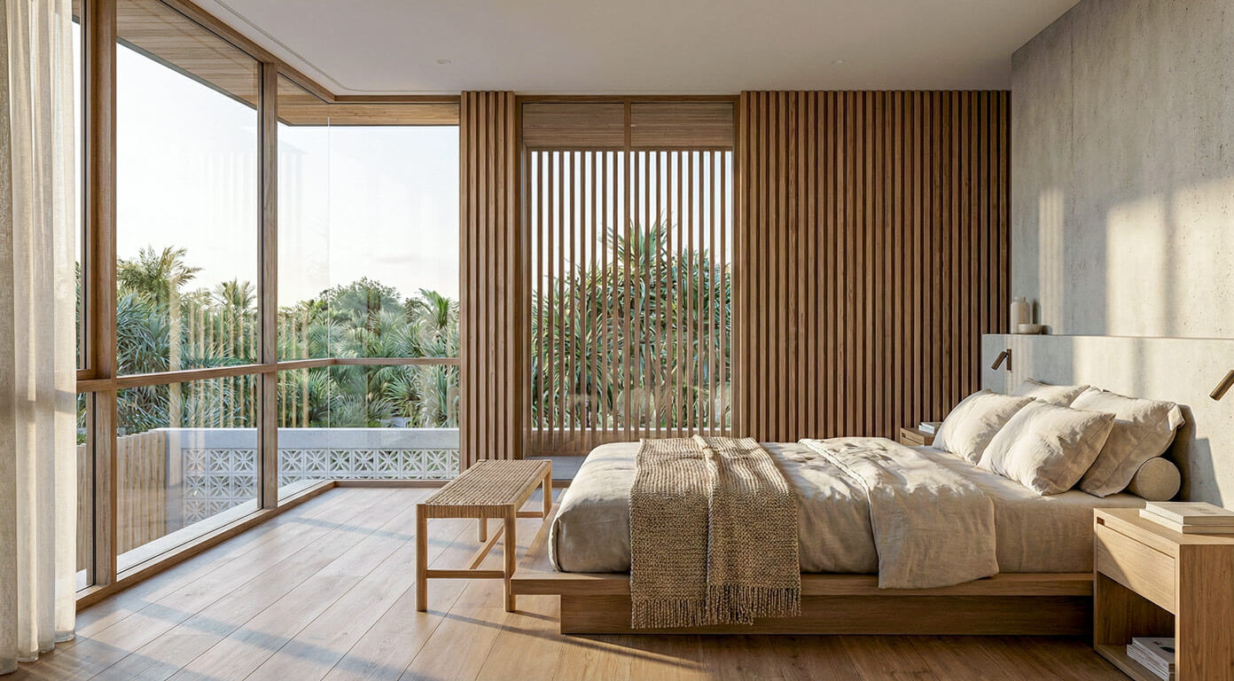 Interior view of a master bedroom with a low timber bed frame and beige linen bedding. Sunlight casts strong shadows across the bed. A large floor-to-ceiling window creates a corner view of palm trees, partially screened by vertical timber battens.