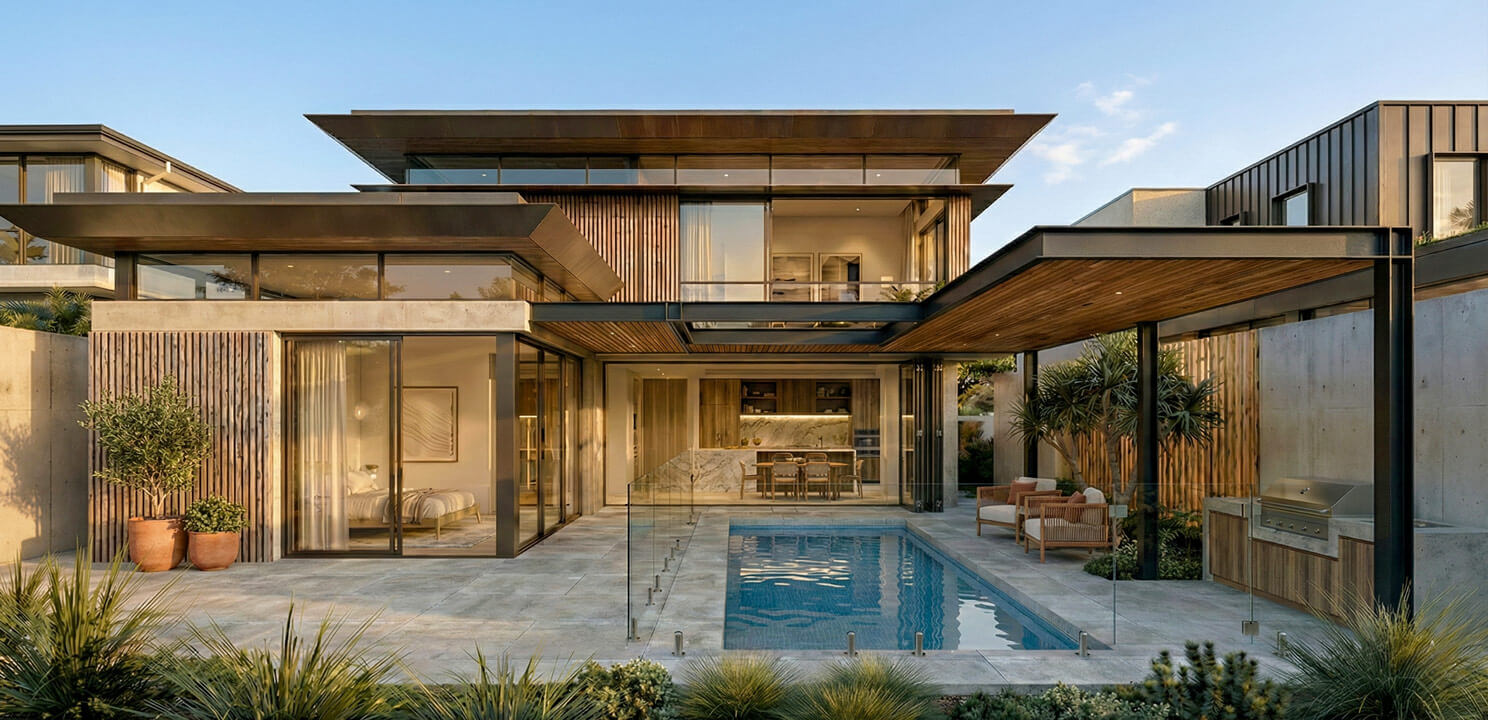 Exterior view of the back of the house. A rectangular swimming pool sits in a paved patio area. Large glass stacking doors are open, connecting the indoor living space and kitchen to the outdoor pool deck.