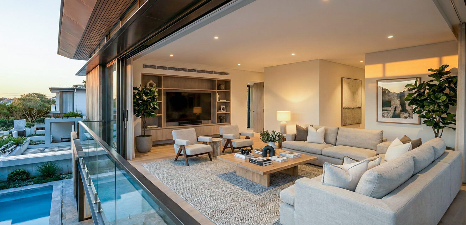 Upstairs living room featuring a light beige sofa and a timber coffee table. Large sliding glass doors open to a balcony with a glass balustrade. The sky is visible in the background with warm sunset colors.