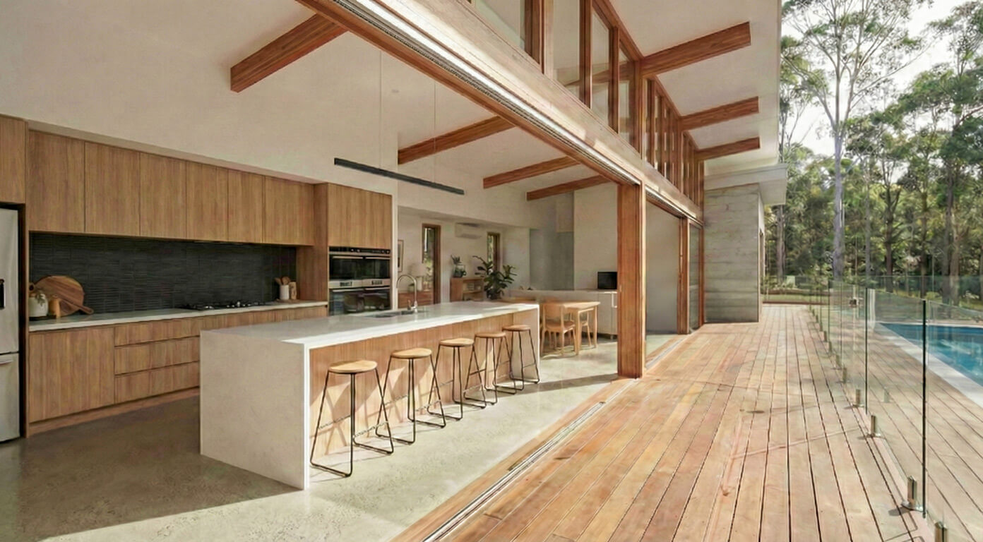 Modern kitchen with timber cabinetry, a marble island bench, and exposed ceiling rafters opening to a forest.