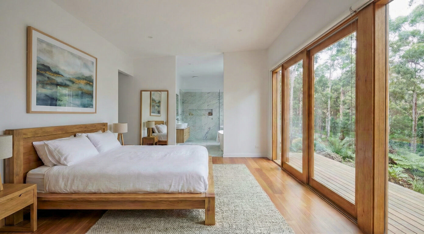 Minimalist bedroom with a timber bed frame and floor-to-ceiling glass doors overlooking dense bushland.