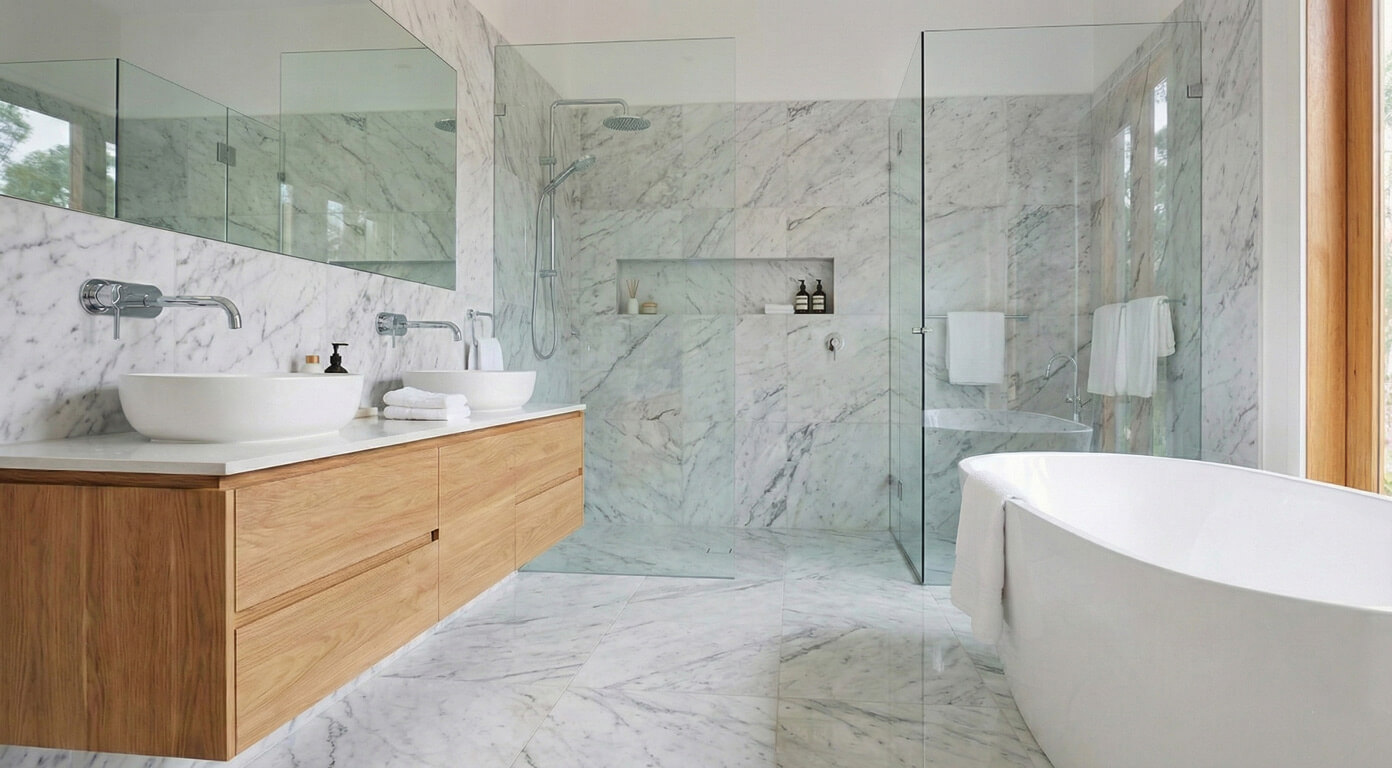 Luxury ensuite bathroom with floor-to-ceiling marble tiles, a freestanding tub, and a floating timber vanity.