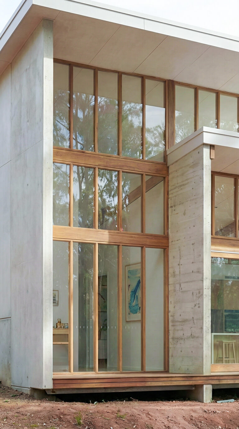 Vertical architectural detail showing a board-marked concrete wall and high-set timber-framed windows.