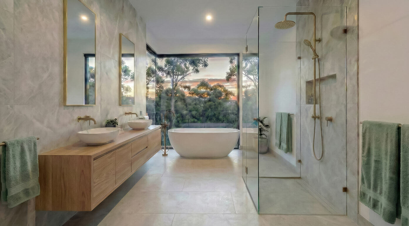 Contemporary bathroom with light grey tiles and a freestanding white bathtub positioned in front of a large floor-to-ceiling window overlooking trees. A floating timber vanity with double basins is on the left.