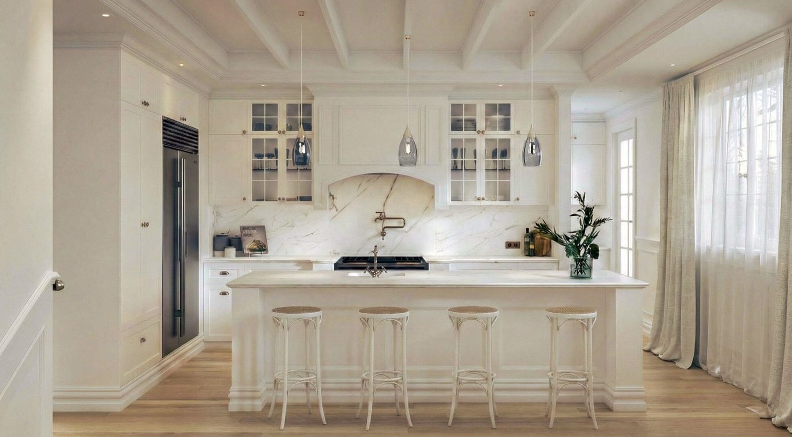Luxury white shaker style kitchen with large marble island and rattan bar stools.