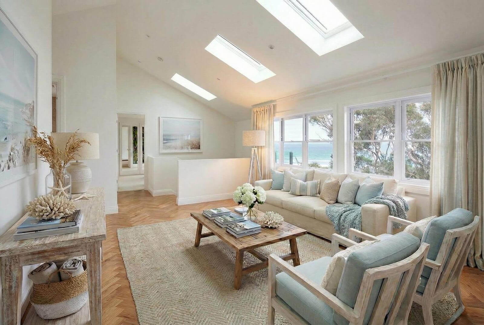 Upstairs sitting room with skylights, herringbone timber floor and ocean views.