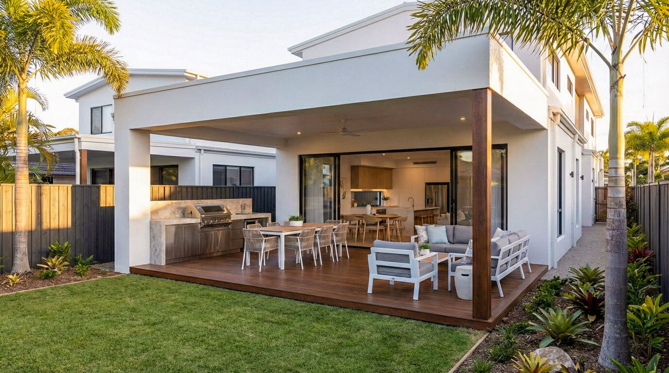Shared outdoor alfresco and timber-decked area featuring a stone-clad built-in BBQ.