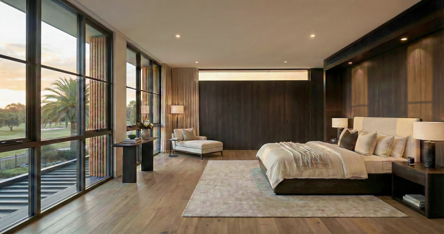 Master bedroom interior looking out through large windows towards a golf course. Vertical timber louvers are visible on the exterior. The room features timber flooring and a chaise lounge.