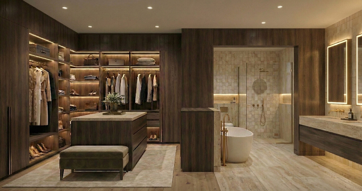 Walk-in wardrobe with dark timber joinery and a central island, leading into an ensuite bathroom. The bathroom features beige stone tiles, a freestanding white bathtub, and gold fixtures.