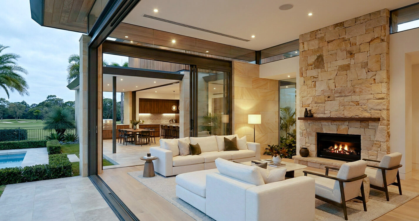 Open-plan living room featuring a dry-stacked sandstone fireplace and white sofas. Corner stacking glass doors are fully open, connecting the room to the pool area and golf course beyond.