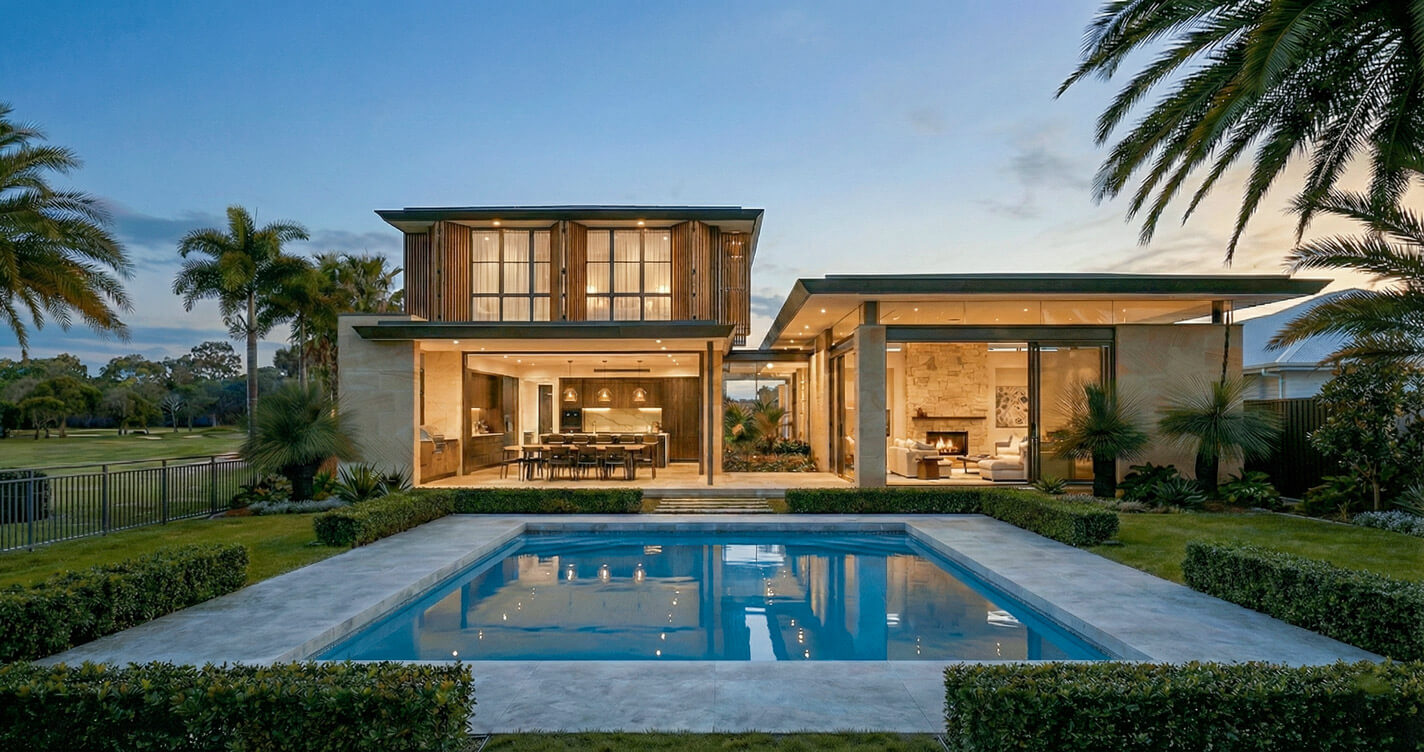 Wide exterior view of the two-story pavilion home at dusk. The ground floor is illuminated, showing the open kitchen and living areas through large glass doors. A rectangular swimming pool in the foreground reflects the house lights, with a green golf course extending into the background under a blue evening sky.