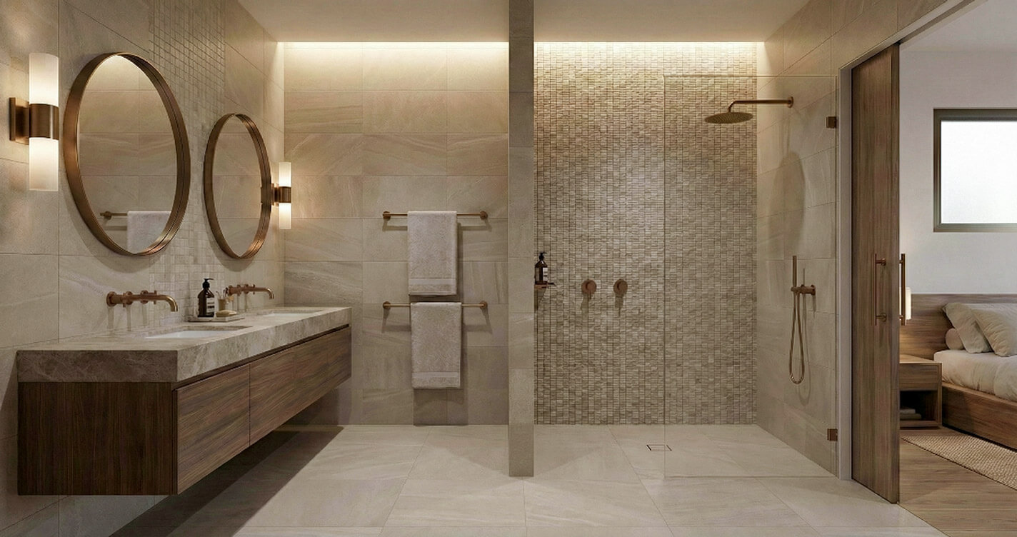Ensuite bathroom featuring a floating timber vanity with a stone benchtop, dual round mirrors, brass wall sconces, and a walk-in shower with textured neutral mosaic tiling.