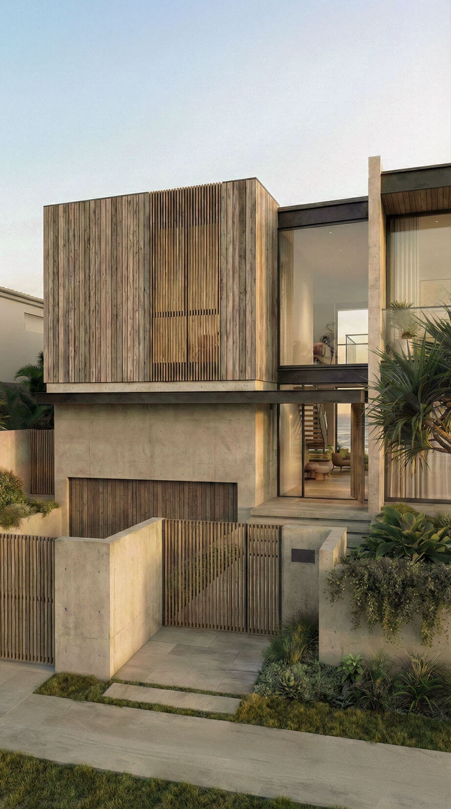 Vertical architectural detail of the Saltwater Residence facade, highlighting the textural contrast between the off-form concrete structure and vertical timber battening used for privacy.