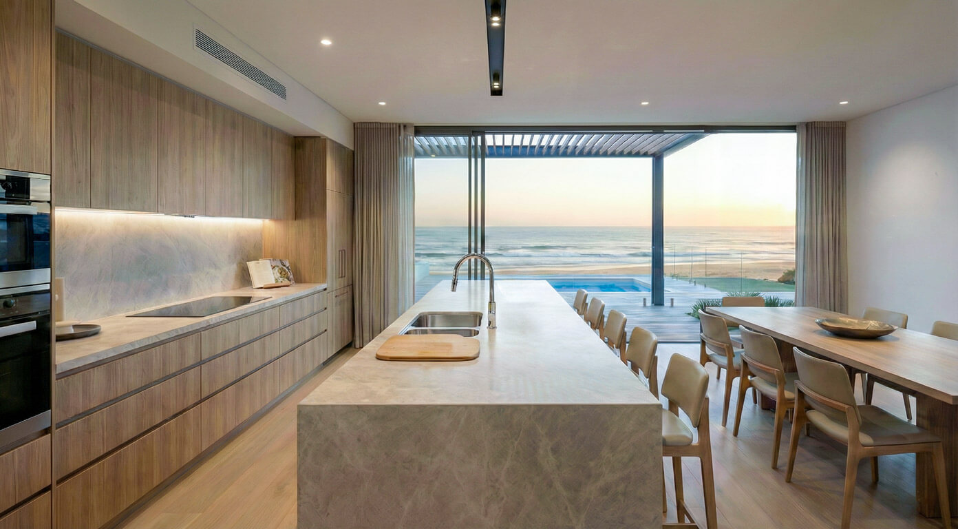 Open-plan coastal kitchen featuring a monolithic stone island and warm timber joinery, with stackable glass doors fully retracted to connect the dining space to the ocean horizon.