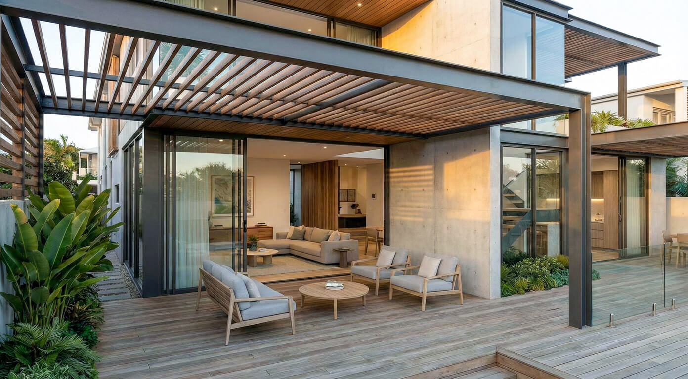 Covered outdoor living area featuring a timber pergola and off-form concrete columns, with sliding glass doors that seamlessly connect the interior lounge to the timber deck.