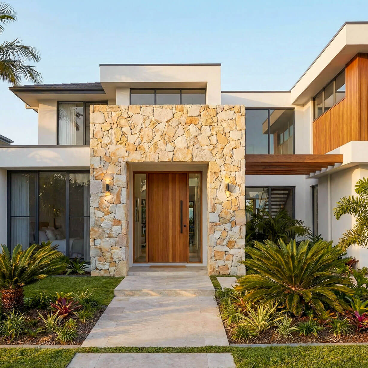 Modern coastal home entrance with a prominent natural stone-clad feature wall, solid timber front door, and tropical landscaping.