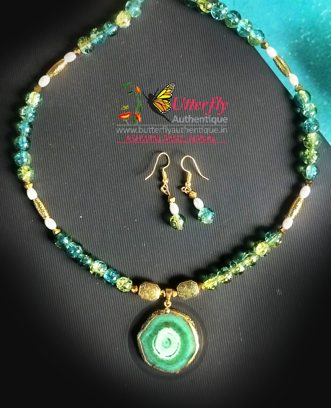 Emerald Dew Drops  - Agate Pearls crystal golden jewellery 