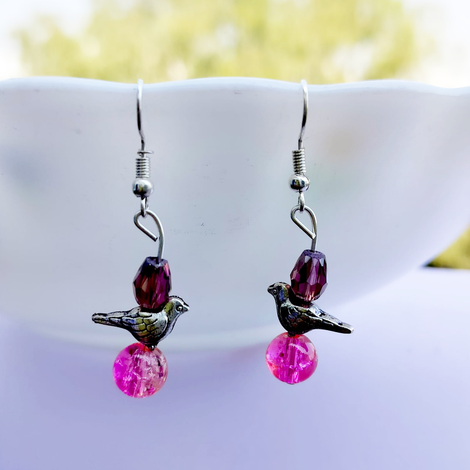Birds Earrings Pink Crystals